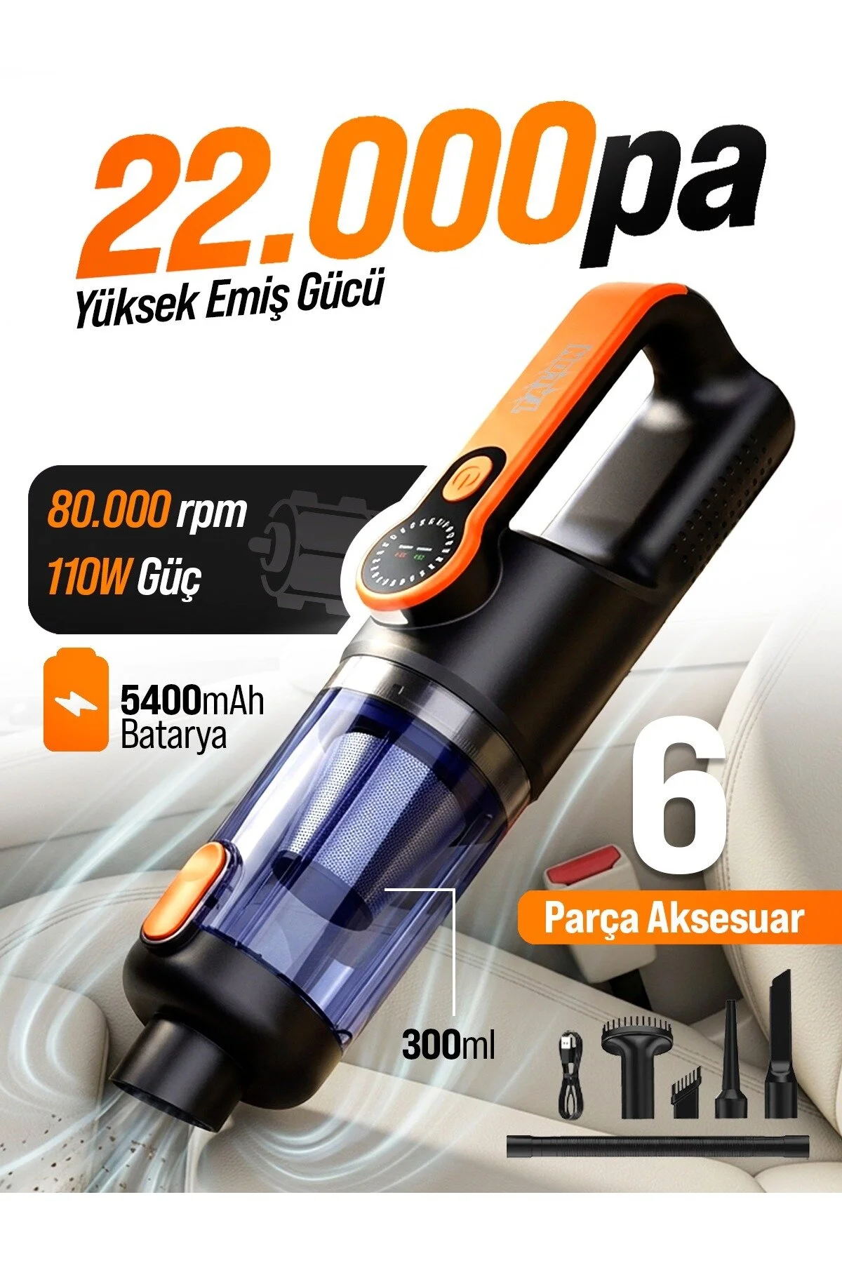Tln 22.000 Pa Kablosuz Araç Süpürgesi Ve Hava Üfleyici 2'si 1 Arada 5400 Mah Type-c Şarjlı Mini El Süpürgesi 22000pa