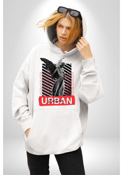 Şehir Sokak Stili Melek Heykeli Kadın Erkek Beyaz Kapüşonlu Sweatshirt Hoodie Beyaz