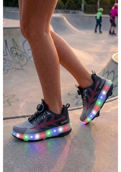 Nstil Unisex Yetişkin Çocuk Spor Ayakkabı Akıllı Bağcıklı Çıkarılabilen Patenli Işıklı Sneaker 003 Kırmızı
