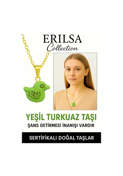Erilsa Sertifikalı Kuş Model Yeşil Turkuaz Taşı Kolye Şifa, Koruma Ve Çok Renkli
