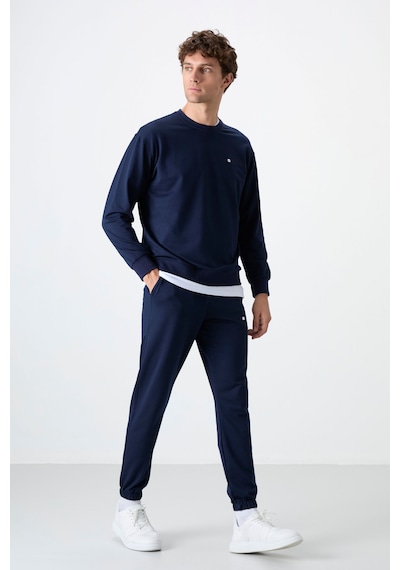 Tommy Life İndigo Casual O Yaka Lastik Paça Pamuklu Erkek Oversize Eşofman Takımı - 85120 İndigo