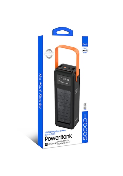 50000 Mah Solar Güneş Enerjili Powerbank - Dijital Göstergeli Led Fenerli Taşınabilir Kampçı Batarya Siyah