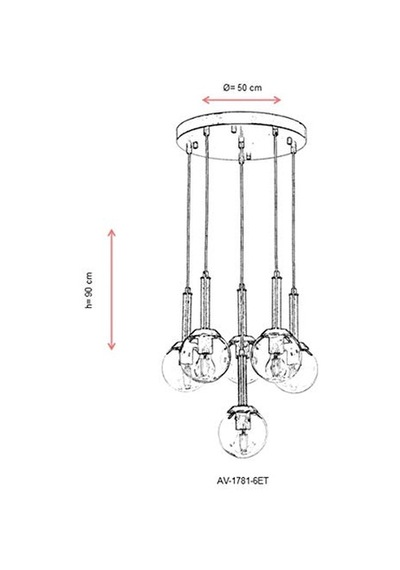 Av-60216-6et Eskitme Kaplama Modern Avize, E27, Metal, Cam, 50cm Genel