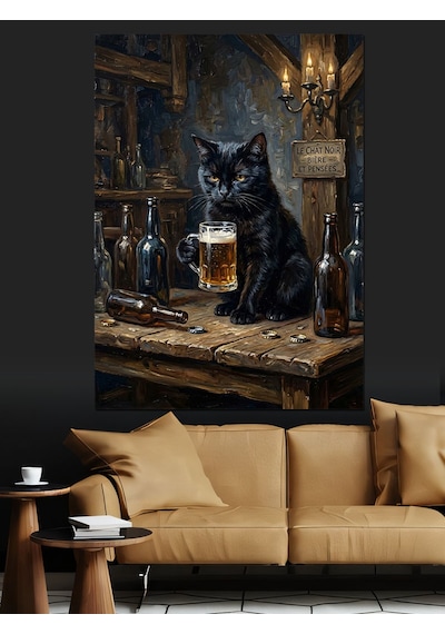 Bira İçen Siyah Kedi Tablosu Dekoratif Kanvas - Mdf Ahşap Tablo