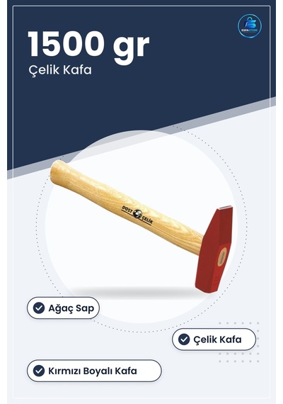 Ağaç Saplı Çekiç 1500 Gr Kırmızı Boyalı Çelik Kafa Hırdavat Tamir