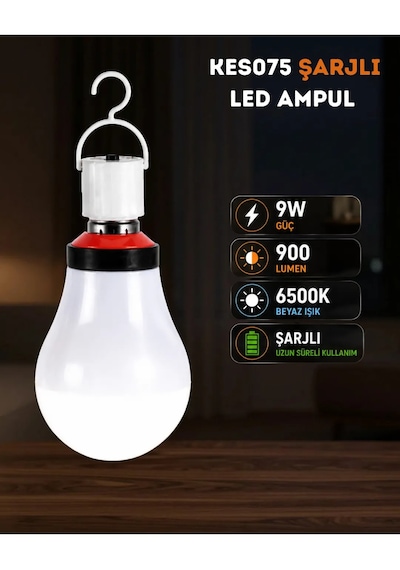 Acil Aydınlatma Şarjlı Led Ampul 9w Beyaz Işık E27 Duy Kes075 Kamp Feneri 6500k 2 Li Paket