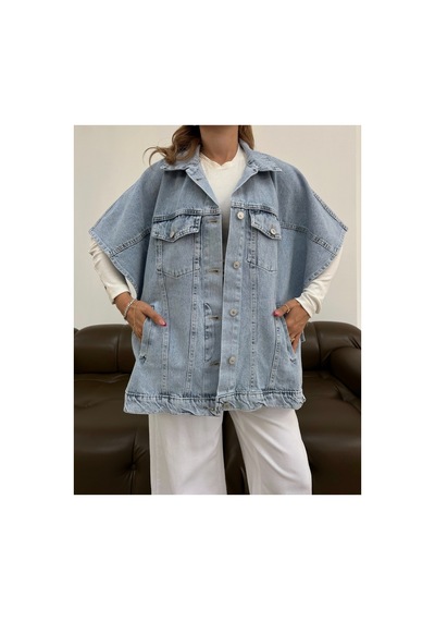 Kene Jeans Kadın Buz Kar Panço Oversize Kot Yelek Mavi