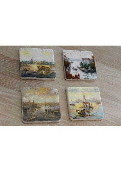 İstanbul Manzaraları Doğal Taş Bardak Altlığı 4'lü Set - Natural Stone Coasters-174276 Çok Renkli