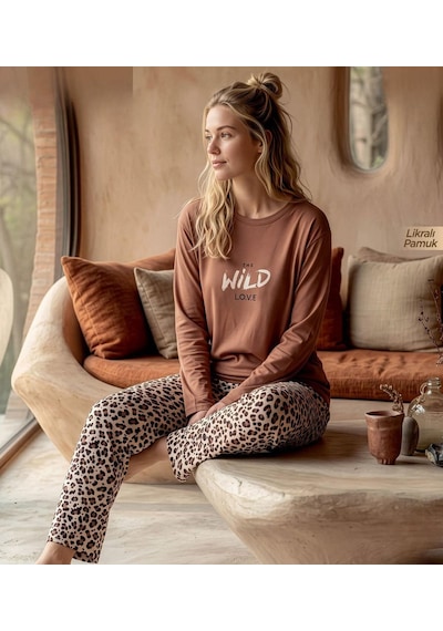 Pijamoni Kadın Likralı Pamuklu Bisiklet Yaka Uzun Kol İnce Pijama Takımı 1300/4 - 1 Adet Kahverengi Pijamoni Kadın Likralı Pamuklu Bisiklet Yaka Uzun Kol İnce Pijama Takımı 1300/4 - 1 Adet Kahverengi