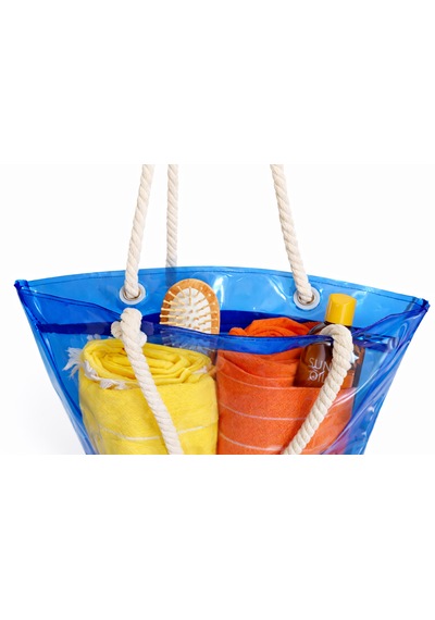 Kadın Şeffaf Plaj Çantası - 50 x 35 Cm- Fermuarlı- Aquatolia Kol Ve Omuz Çantası Mavi