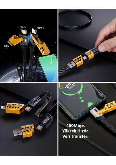 65w Hızlı Şarj Kablosu 4in1 - Araçta Kullanıma Uygun - Type-c To Usb - Type-c To Lightning 27w Pd Destekli - İphone Android Macbook Uyumlu