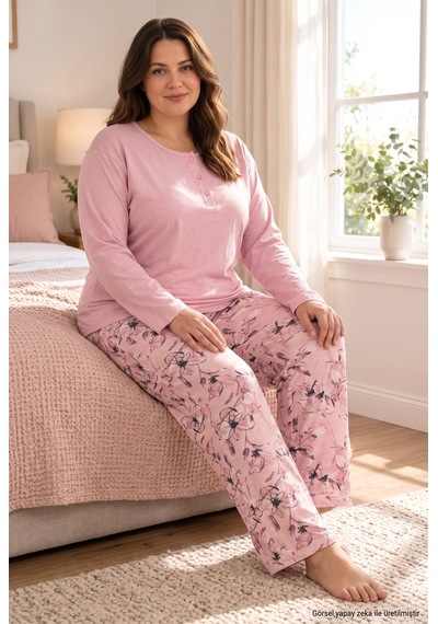 Seboteks Mevsimlik Kumaş Düğmeli Yaka Uzun Kollu Büyük Beden Kadın Pijama Takımı 1524 Pudra