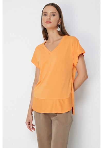 On Kadın V Yaka Parçalı T-shirt 71475 Oranj Turuncu On Kadın V Yaka Parçalı T-shirt 71475 Oranj Turuncu