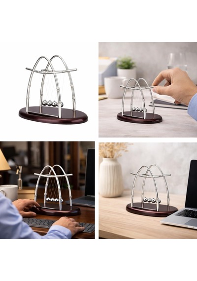 Deinhaus Newton'un Beşiği Sarkaç, Metal Çelik Toplar, Ahşap Tabanlı, 26x16 Cm, Masa Dekoru Diğer