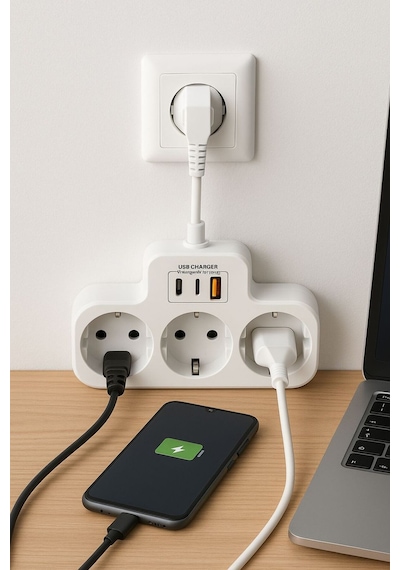 Çoklu Kablolu Priz Yüksek Gerilim Korumalı 3'lü Priz 1x Usb 2x Type-c Çıkışlı Grup Priz Çoğaltıcı 2 M