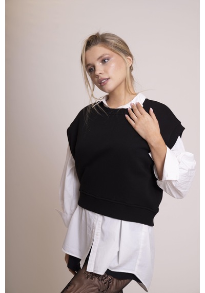 Afloow Delicate Kadın Siyah %100 Pamuk Oversize Kolsuz Süveter Şık Ve Rahat Basic Yarım Kollu Yelek Siyah