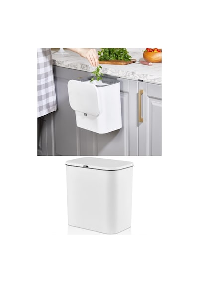 İndecor Houseware 15 Litre Fonksiyonel Kapaklı Banyo Ve Mutfak Tezgahüstü Çöp Kovası Dolap Ve Duvar Aparatlı 15 Lt. Beyaz