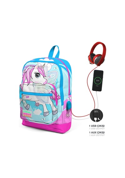 Coral High Okul Çantası Ve Beslenme Çantası Seti - Kız Çocuk Mavi Unicorn- Usb Soketli