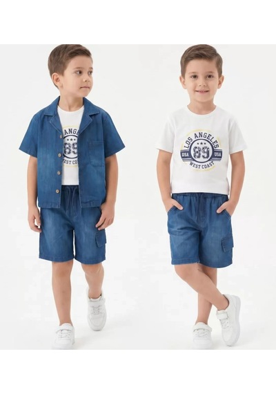 Veraura Lifestyle 6/10 Yaş Denim Gömlek Şortlu 3lü Çocuk Takımı Mavi