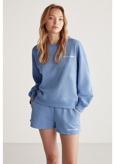 Grımelange Jennıfer Kadın Organik Pamuklu Nakışlı Yuvarlak Yakalı Oversize Mavi Sweatshirt