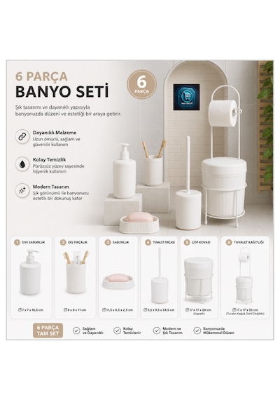 Premium Lüks 6 Lı Banyo Aksesuar Seti Modern Tasarım Beyaz