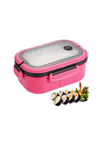 1200 Ml 2 Katlı 6 Bölmeli Bpa'sız Pp Plastik Sefer Tası Ve Beslenme Çantası - Hava Kilitli Bento Lunch Box, Çatal Ve Kaşık Dahil Pembe Çok Renkli
