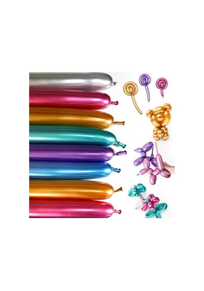 Krom Sosis Balon 10 Adet 150x5 Cm Karışık Renk Uzun Ince Şekil Verilebilen Parlak Palyaço Balon Çok Renkli
