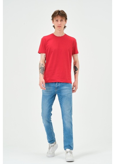 Erkek Bisiklet Yaka Regular Kalıp T-shirt Kırmızı Siyah