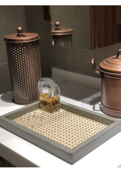 Rattan Hazeran Tepsi Ihlamur Yeşili Eskitme Model Dikdörtgen %100 Doğal Hazeran M026