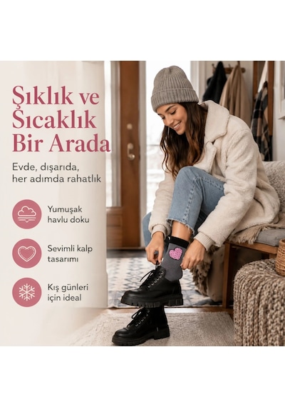 Genel 6 Lı Kadın Kışlık Havlu Çorap Sıcak Tutan Karışık Desenli Yumuşak Çoklu Çora Füme / 36-40 / 6 Adet