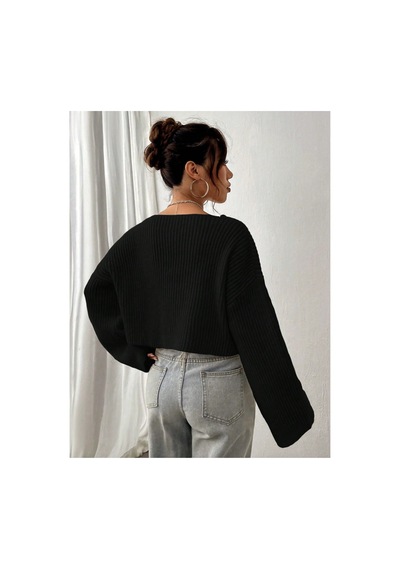 Nimas Kadın Oversize V Yaka Triko Crop Kazak Siyah - 660238521 Siyah