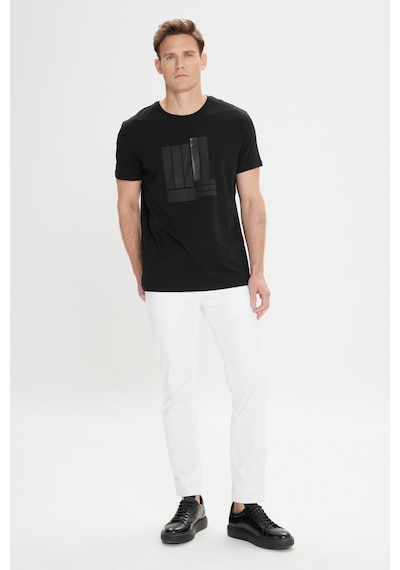 AC&Co / Altınyıldız Classics Erkek Sıyah Slim Fit Dar Kesim Pamuklu Esnek Baskılı Bisiklet Yaka Tişört Siyah