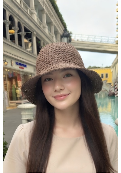 Mollycrush Kadın Kahverengi Hasır Örgü Bucket Bohem Stil Plaj Ve Güneş Şapkası Kahverengi