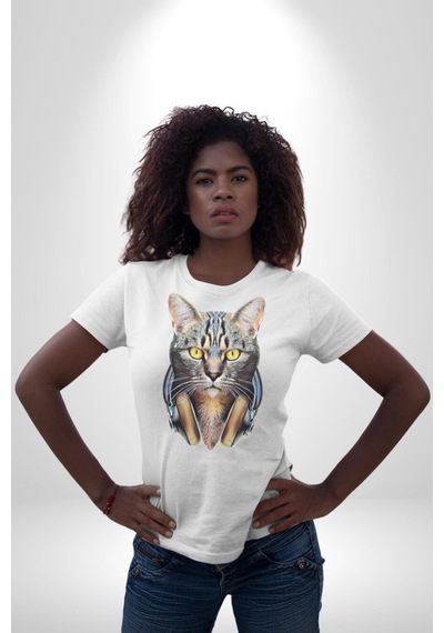 Kulaklık Kedi Unisex Unisex Beyaz Organik Baskılı T-shirt Penye Yüksek Kalite Beyaz