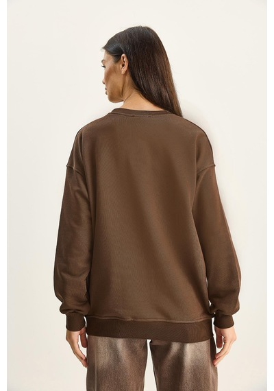 Shade Kadın Bisiklet Yaka Çiçek Boncuk İşlemeli Relaxed Sweatshirt 1572 60283809 - Kahverengi