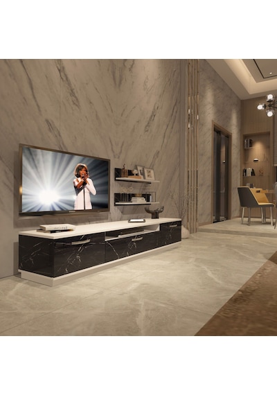 Decoraktiv Trio 4s Mdf Tv Ünitesi Tv Sehpası Beyaz - Siyah Mermer