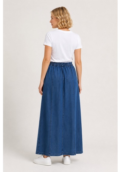 Bihan Store Beli Lastikli Dikiş Panelli Denim Maxi Etek Y26-7592-mavi