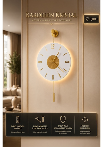 MetaQuartz Aksesuar Kardelen Gold Kristal Seri 30x55cm ,pilli Led ,modern Dekoratif Metal Duvar Saati