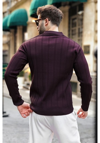 Madmext Mürdüm Polo Yaka Desenli Over Fit Erkek Triko Kazak E7517