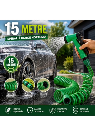 15 Metre Spiralli Bahçe Hortumu Seti Çok Fonksiyonlu Sulama Tabancalı