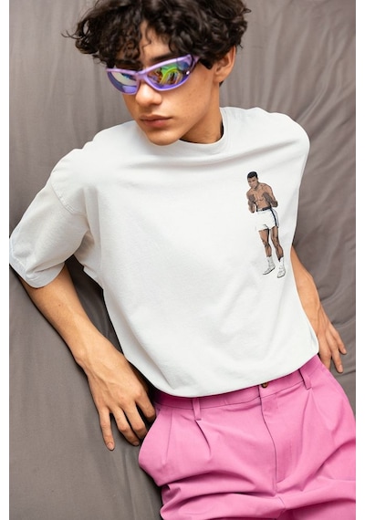 Efsane Boksör Muhammeed Alli Clay Baskılı Unisex Oversize Tişört Beyaz
