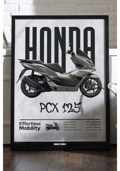 Honda Pcx 125 Siyah Ahşap Çerçeveli Poster, Dekoratif Motosiklet Duvar Tablosu