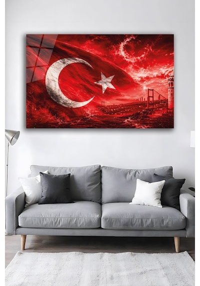 Türk Bayrağı Ay Yıldız Boğaz Köprüsü Cam Tablo Şık Duvar Tablosu Solmayan Canlı Renkler Salon Ve Oturma Odası Ev Hediyesi Parlak Cam Yüzey