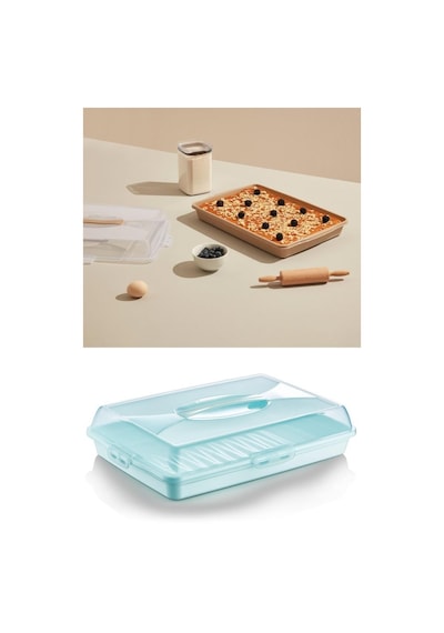 Flosoft Dikdörtgen Kek Pasta Börek Saklama Kabı, Kilitli Borcam Taşıma Kabı Büyük Boy 45cm 001