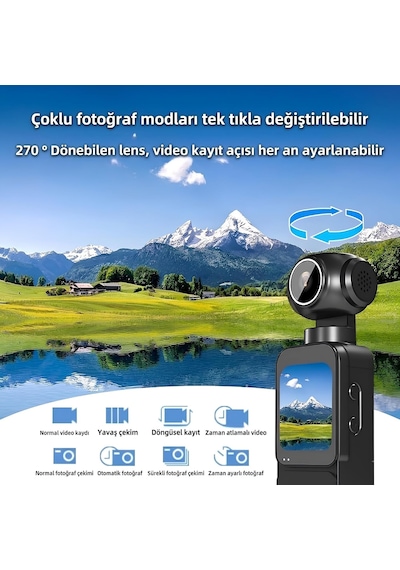 Pocket 5k Aksiyon Kamerası 4k/60fps Video, 75mp Fotoğraf, 270 Dönebilen Lensli 1.69 İnç Dokunmatik Lcd Ekranlı, 150 Geniş Açılı Wifi Destekli Mini Vlog Kamera