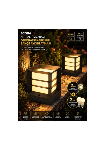 2 Adet Antrasit Dekoratif Kare Küp Set Üstü Izgaralı Abs Bahçe Aydınlatma Armatürü Set Üstü Dekoratif Aplik,baba Üstü,9w Led Ampul Dahil 3000k