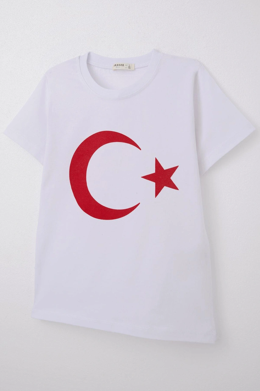 Breeze Erkek Çocuk Tişört Türk Bayraklı 4-14 Yaş, Beyaz Beyaz