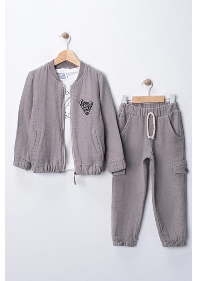 Bontino Erkek Çocuk Sweatshirt, Hırka Ve Pantolonlu %100 Pamuk 3'lü Spor Takım Gri