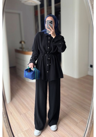 Ka Hijab Çıtçıt Detay Beli Büzgülü Takım - Siyah