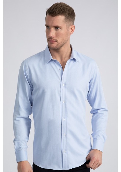 Tudors Modern Slim Fit Dar Kesim Armürlü Erkek Gömlek-22502 Mavi